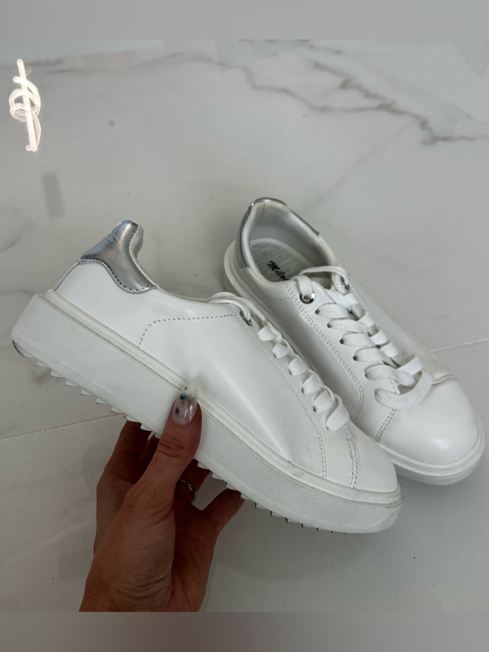 White Platform Sneakers Womens Size 8 Silver Heel Casual Faux Leather Shoes